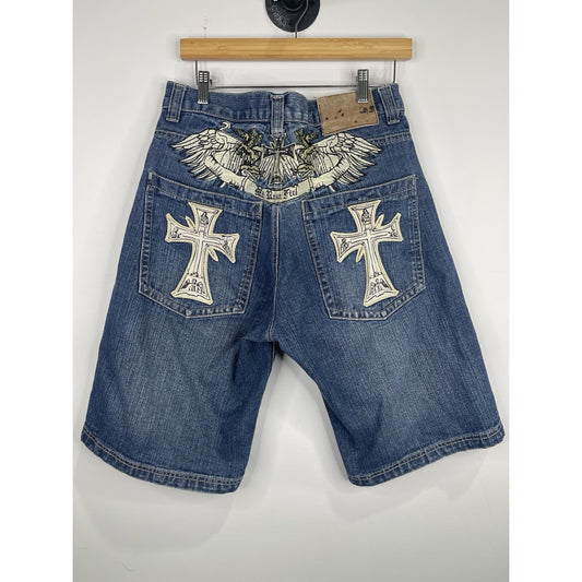 Men’s Y2K Mi Raza Fiel Blue Wash Jorts With Fully Embroidered Back Design 32x13