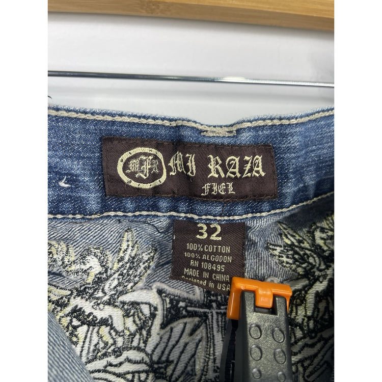 Men’s Y2K Mi Raza Fiel Blue Wash Jorts With Fully Embroidered Back Design 32x13