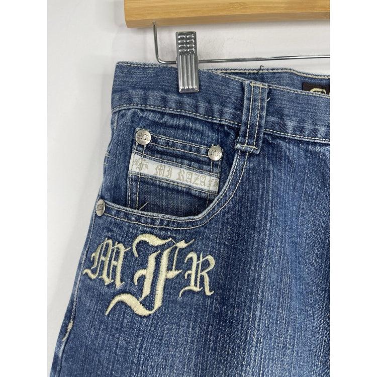 Men’s Y2K Mi Raza Fiel Blue Wash Jorts With Fully Embroidered Back Design 32x13