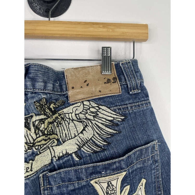 Men’s Y2K Mi Raza Fiel Blue Wash Jorts With Fully Embroidered Back Design 32x13