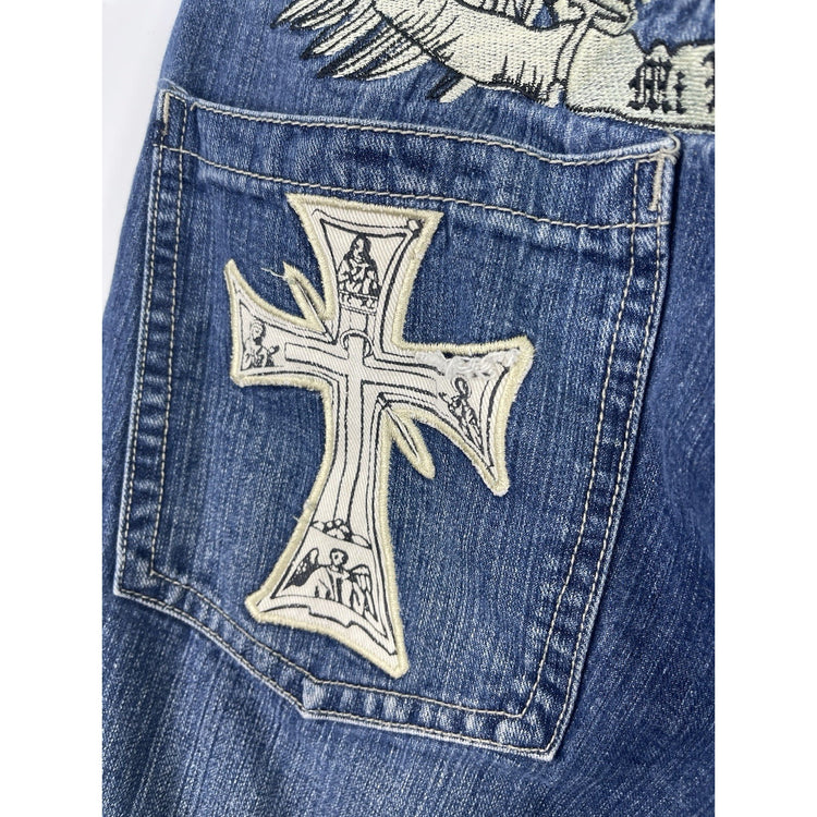 Men’s Y2K Mi Raza Fiel Blue Wash Jorts With Fully Embroidered Back Design 32x13