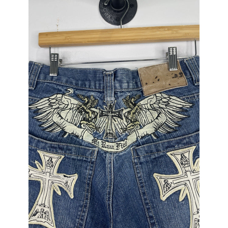 Men’s Y2K Mi Raza Fiel Blue Wash Jorts With Fully Embroidered Back Design 32x13