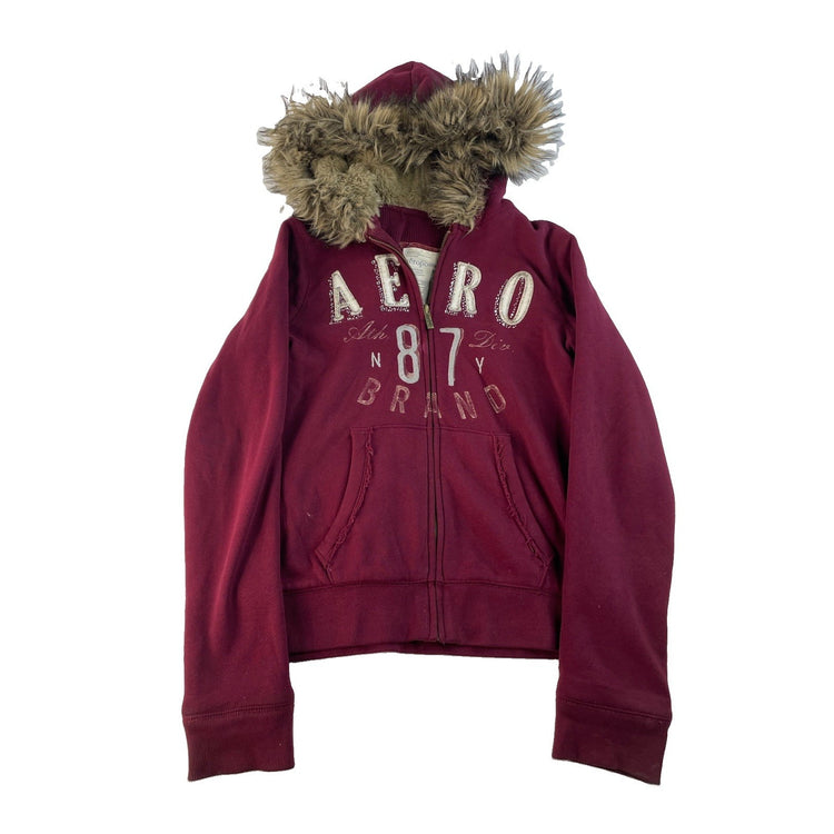 Women's Aeropostale Maroon Zip-Up Hoodie with Faux Fur Hood Size M