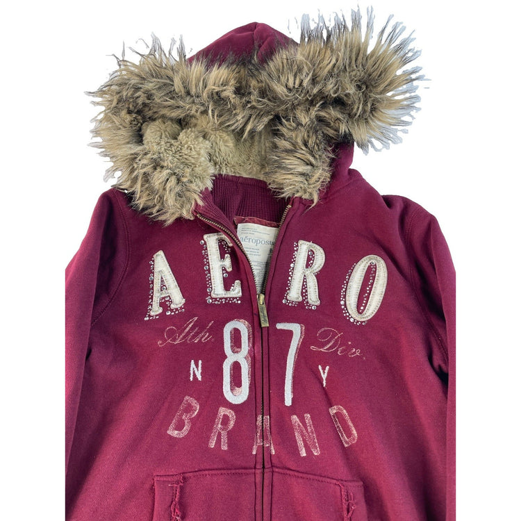 Women's Aeropostale Maroon Zip-Up Hoodie with Faux Fur Hood Size M