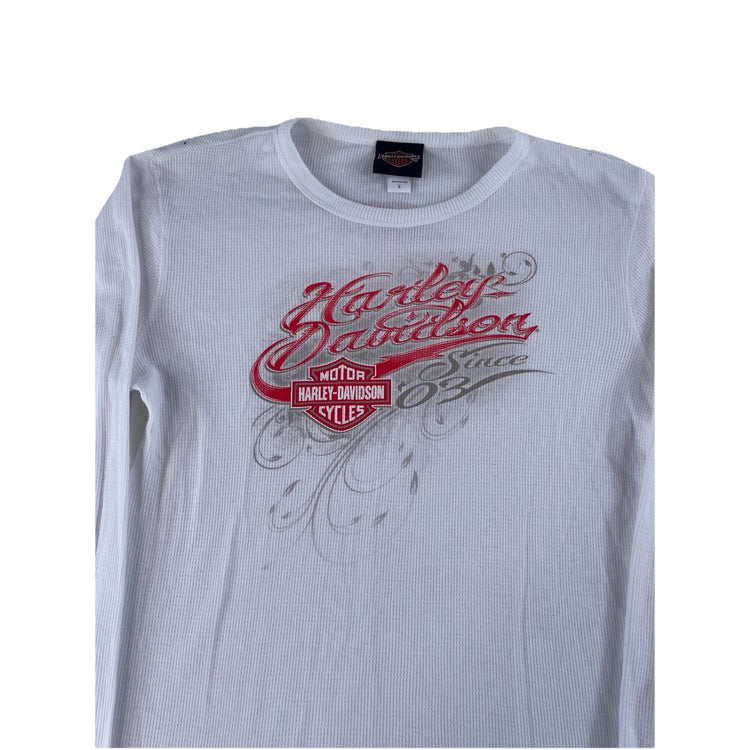 Women Vintage Harley-Davidson Grand Cayman White Thermal LongSleeve Shirt Size L