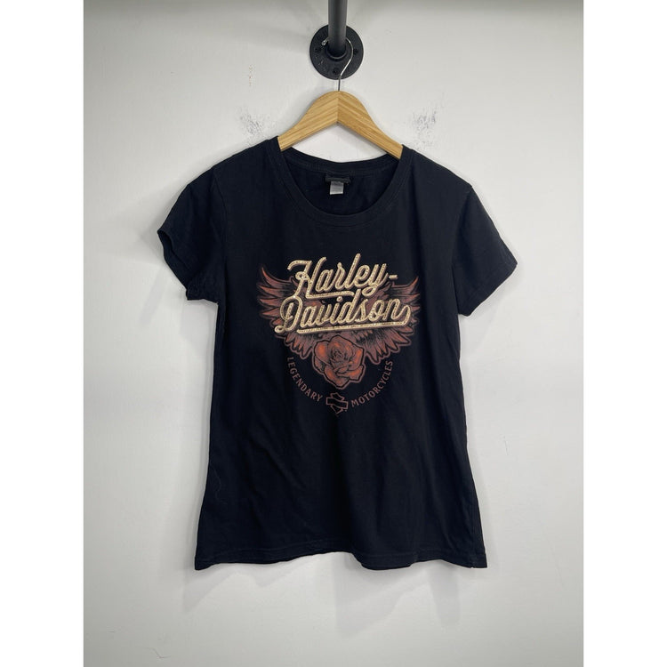 Women's Black Y2K 2021 Harley Davidson Short Sleeve T-Shirt Sz L