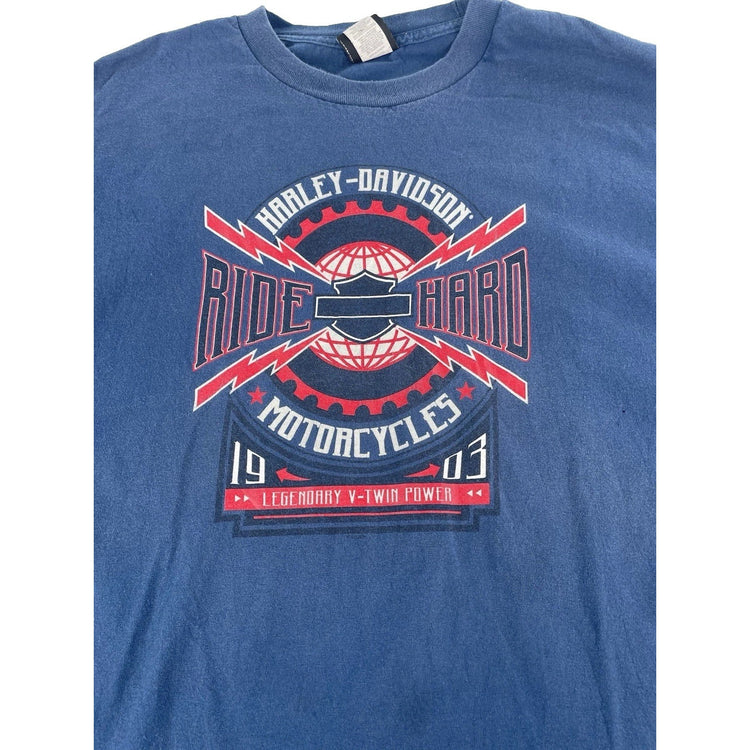 Mens Harley Davidson Motorcycle “Ride Hard” Graphic T-Shirt Blue Size Xl
