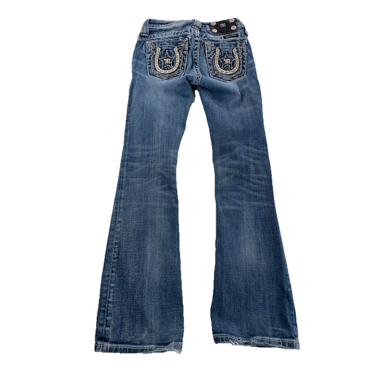 Girls Miss Me Regular Bootcut Blue Jeans Size 7 (Embroidery)