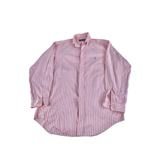 Mens Ralph Lauren Long-Sleeve Button-Up Polo Shirt Pink W/White Stipes Size 15