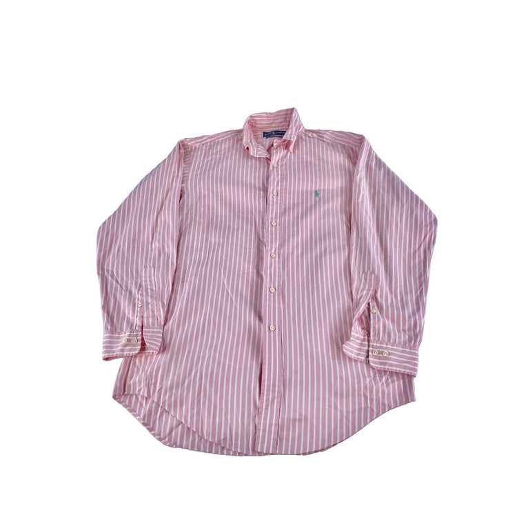 Mens Ralph Lauren Long-Sleeve Button-Up Polo Shirt Pink W/White Stipes Size 15