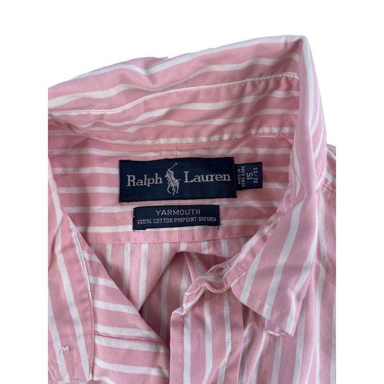 Mens Ralph Lauren Long-Sleeve Button-Up Polo Shirt Pink W/White Stipes Size 15