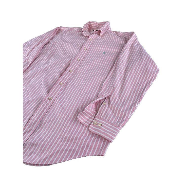 Mens Ralph Lauren Long-Sleeve Button-Up Polo Shirt Pink W/White Stipes Size 15