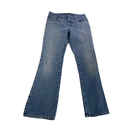 Womens EXPRESS Y2K Low Rise Distressed Hems Bootcut Jeans Light Wash 7/8R