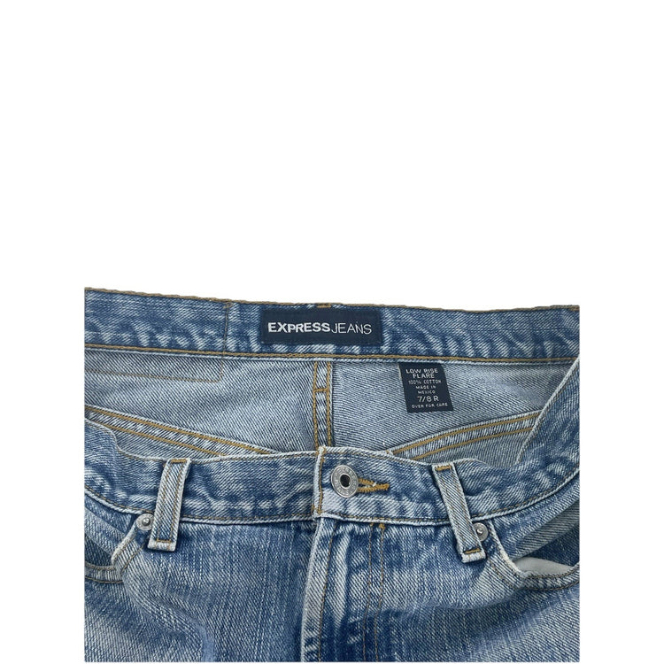 Womens EXPRESS Y2K Low Rise Distressed Hems Bootcut Jeans Light Wash 7/8R