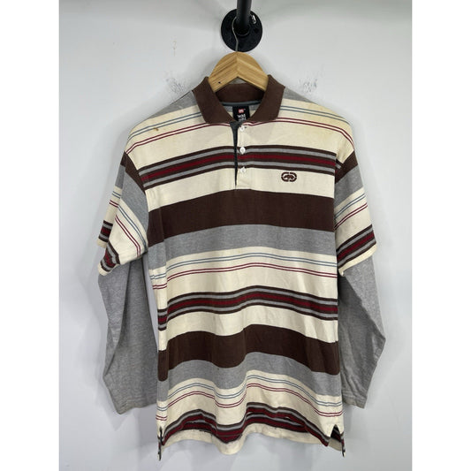 Men’s Vintage Y2K Eckō Unltd Brown Striped Polo Long Sleeve Shirt Sz L