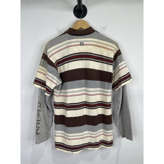 Men’s Vintage Y2K Eckō Unltd Brown Striped Polo Long Sleeve Shirt Sz L