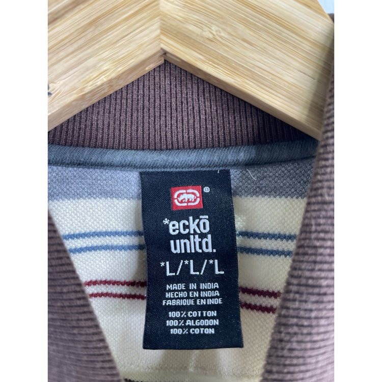 Men’s Vintage Y2K Eckō Unltd Brown Striped Polo Long Sleeve Shirt Sz L