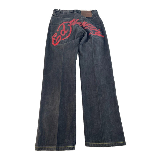 Men's Ed Hardy Black with Red Graphic Logo Straight Denim Jeans Size 32x34