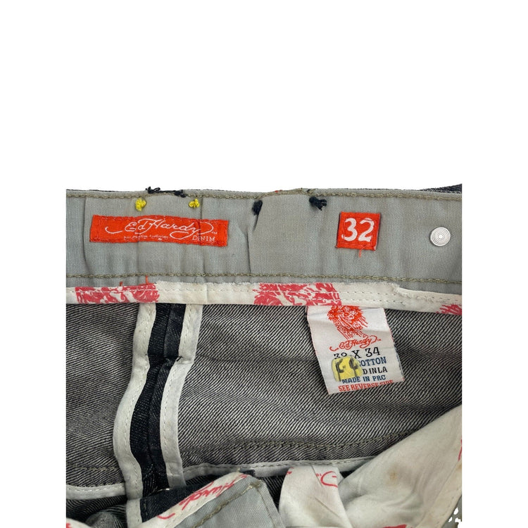 Men's Ed Hardy Black with Red Graphic Logo Straight Denim Jeans Size 32x34
