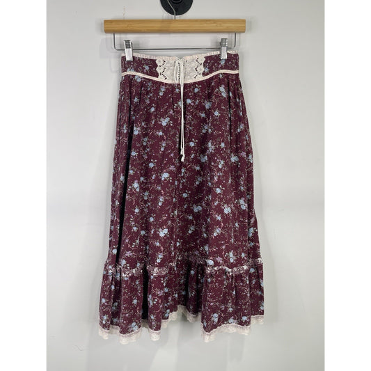 Women’s Maroon With Flower 70s Gunnies Vintage Skirt