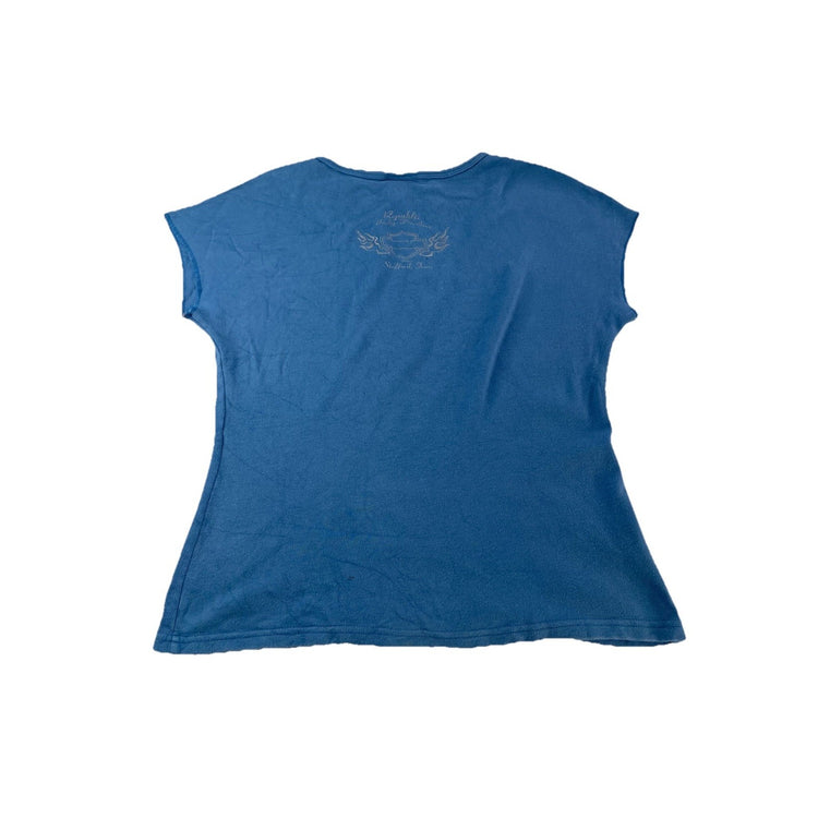 Womens Y2K Harley Davidson Blue Stafford Texas V Neck Shirt Size 2XL
