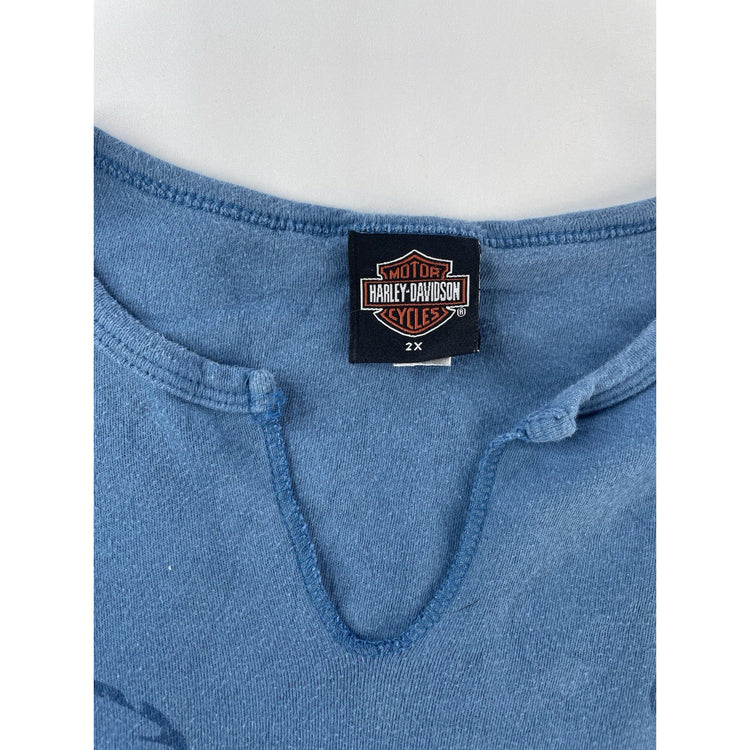 Womens Y2K Harley Davidson Blue Stafford Texas V Neck Shirt Size 2XL