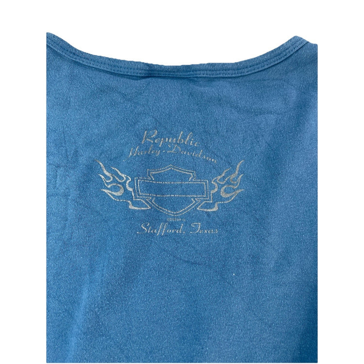 Womens Y2K Harley Davidson Blue Stafford Texas V Neck Shirt Size 2XL
