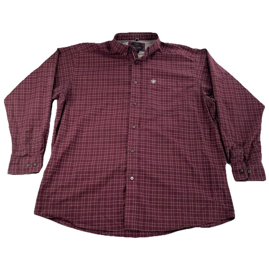 Mens Ariat Pro Series Stretch Maroon Button-Down LongSleeve Plaid Shirt Size Xl