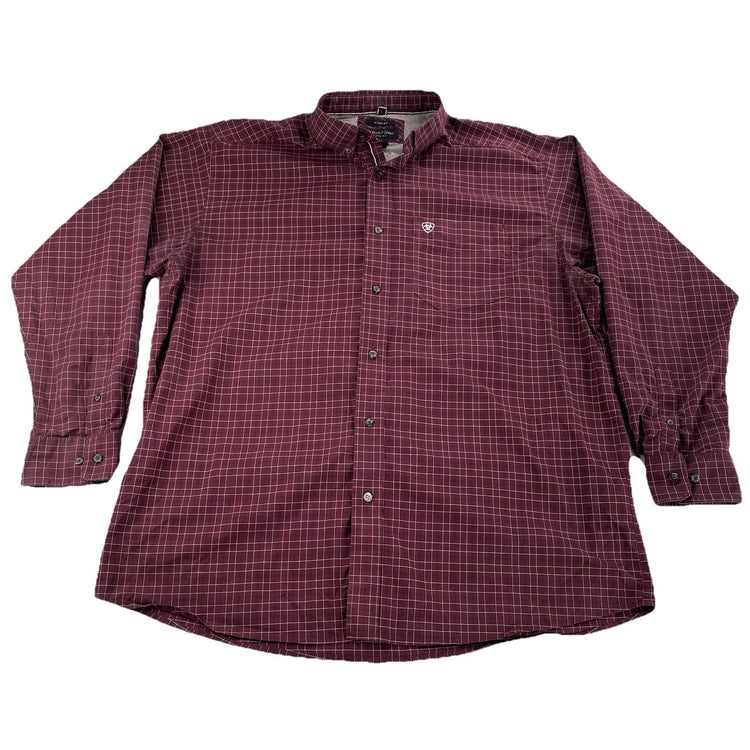 Mens Ariat Pro Series Stretch Maroon Button-Down LongSleeve Plaid Shirt Size Xl