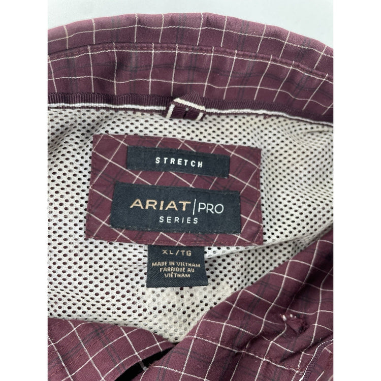 Mens Ariat Pro Series Stretch Maroon Button-Down LongSleeve Plaid Shirt Size Xl