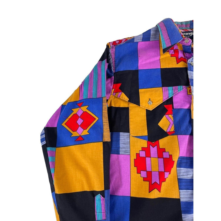 Mens Vintage Wrangler Cowboy Cut Shirt Southwestern Geometric Print Size 16.5-34