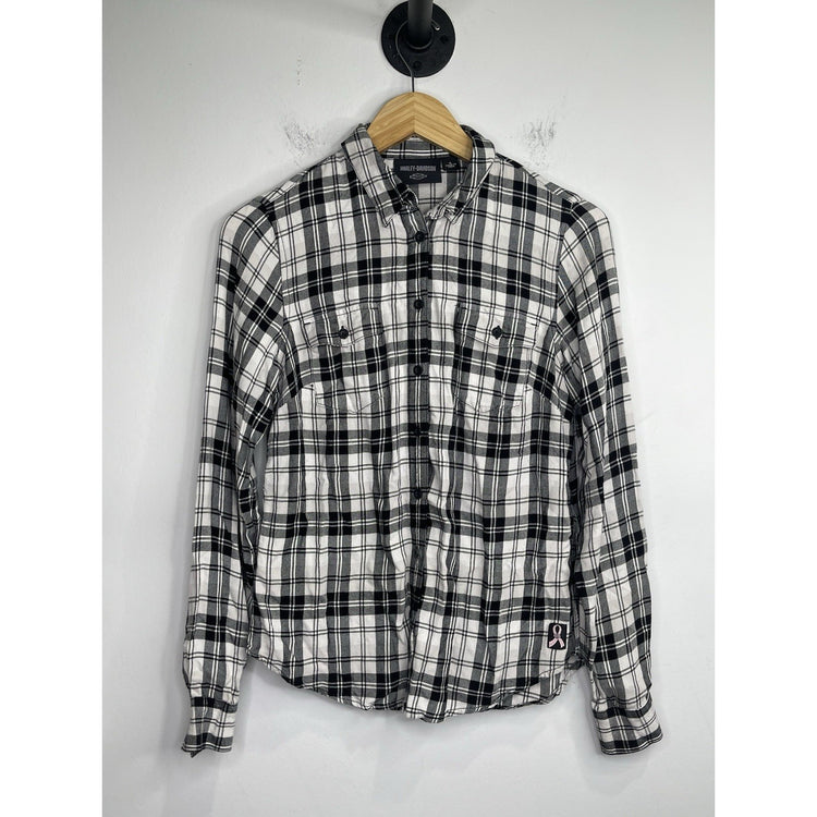 Adult VTG Breast Cancer Awareness Harley Davidson Plaid Button Down Shirt Sz S
