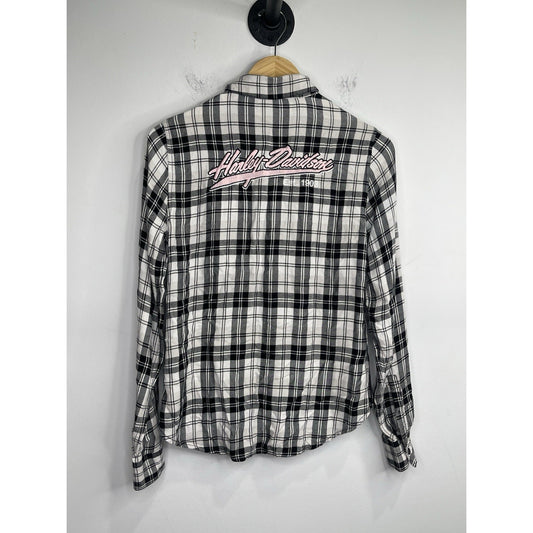 Adult VTG Breast Cancer Awareness Harley Davidson Plaid Button Down Shirt Sz S