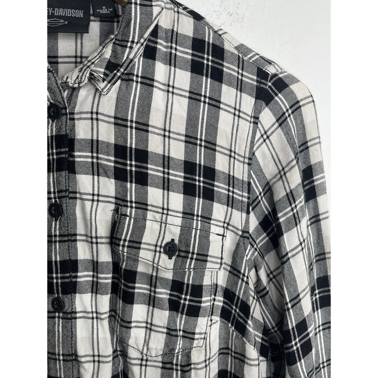 Adult VTG Breast Cancer Awareness Harley Davidson Plaid Button Down Shirt Sz S