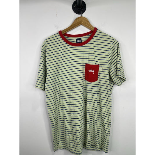 Men’s Green Casual Pin Striped Stussy T Shirt Sz Large