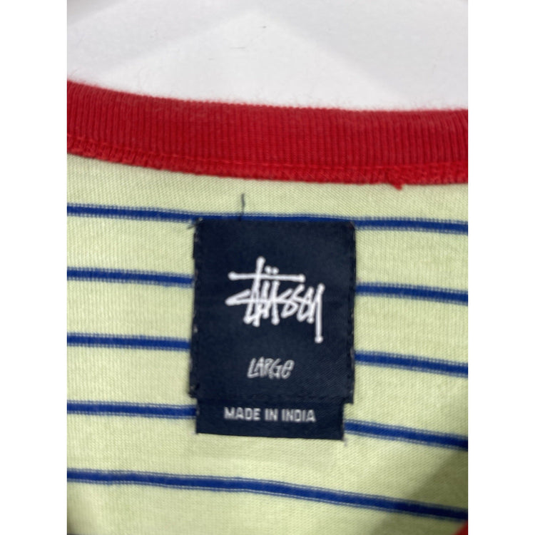 Men’s Green Casual Pin Striped Stussy T Shirt Sz Large