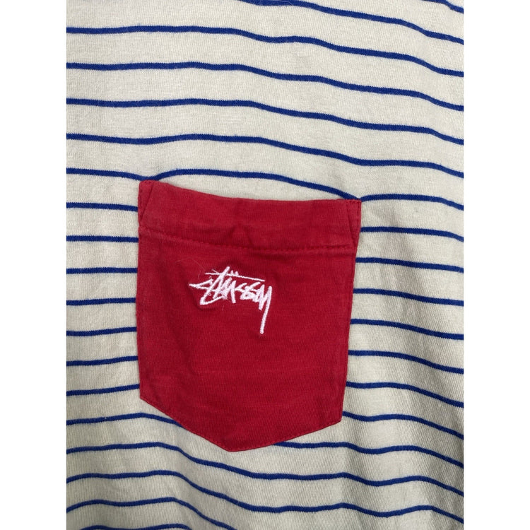 Men’s Green Casual Pin Striped Stussy T Shirt Sz Large