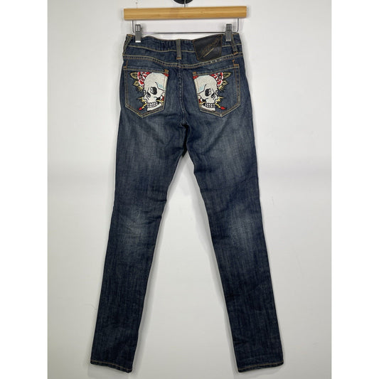 Vintage Ed Hardy Jeans Womens 25 Skull Rose Embroidered Low Rise Denim Y2K 2000s