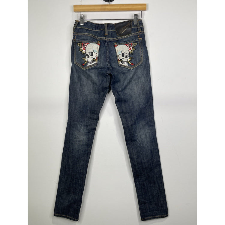 Vintage Ed Hardy Jeans Womens 25 Skull Rose Embroidered Low Rise Denim Y2K 2000s