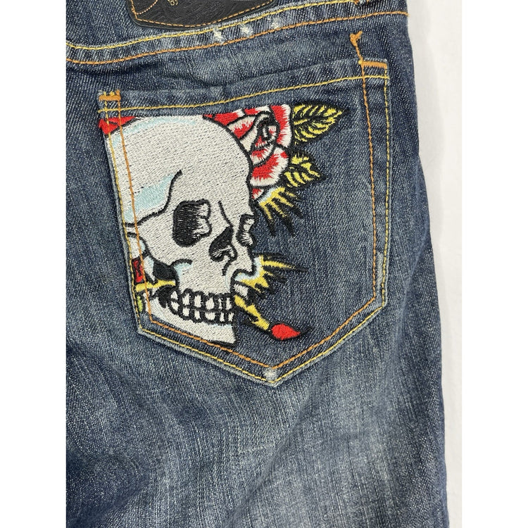 Vintage Ed Hardy Jeans Womens 25 Skull Rose Embroidered Low Rise Denim Y2K 2000s