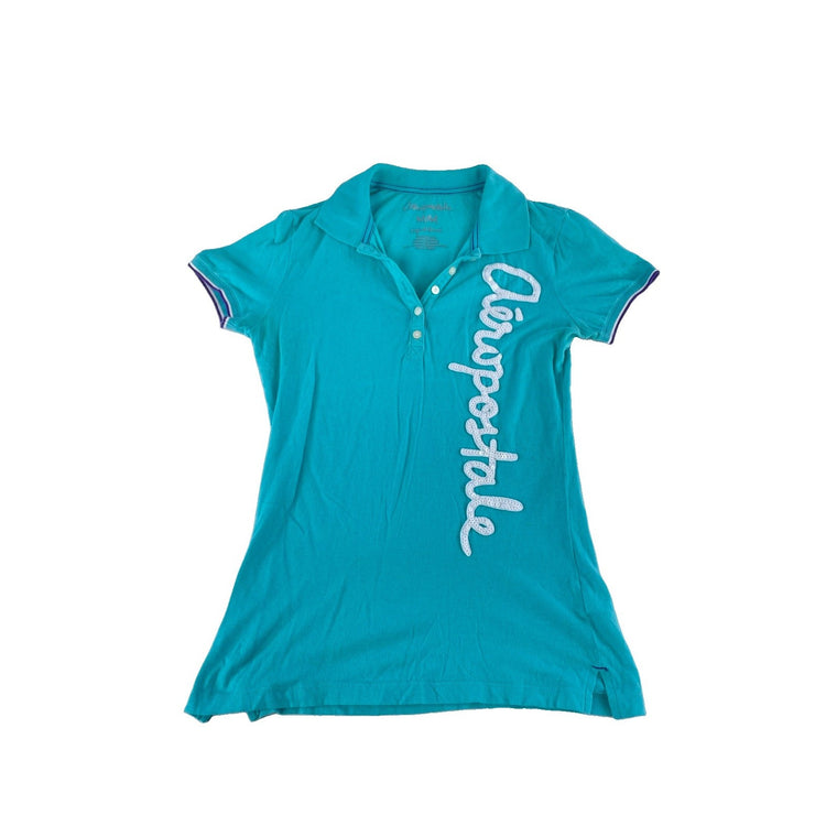 Women's Aéropostale Sequin Script Polo Shirt Turquoise Blue Size M