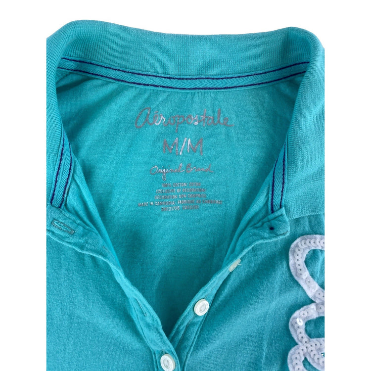 Women's Aéropostale Sequin Script Polo Shirt Turquoise Blue Size M