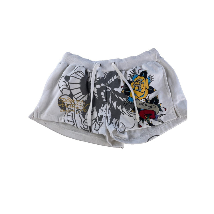 Womens Ed Hardy Tattoo Graphic Fleece Sweat Shorts White And Gold Size L