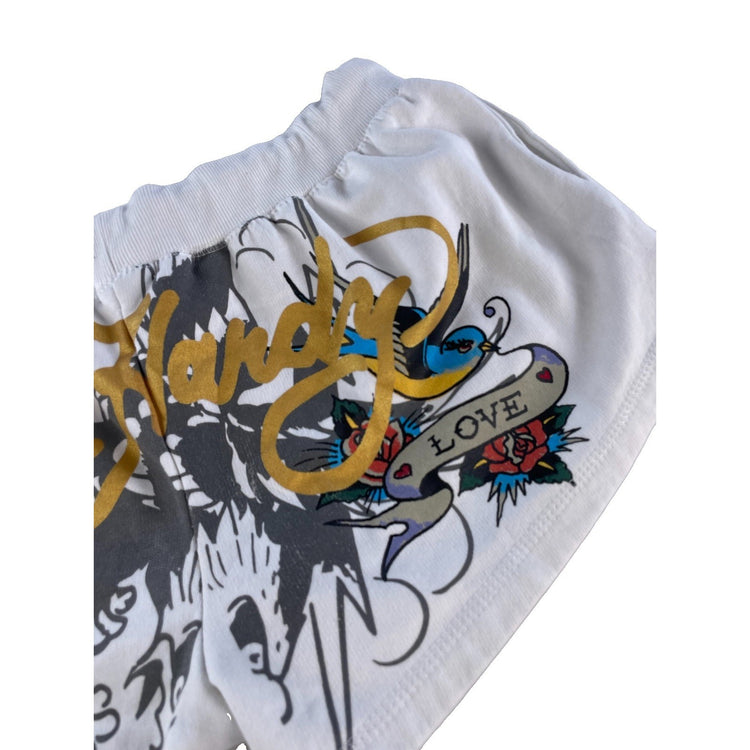 Womens Ed Hardy Tattoo Graphic Fleece Sweat Shorts White And Gold Size L