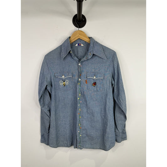 Vintage 1970s Levis Orange Tab Embroidered Chambray Shirt Size M