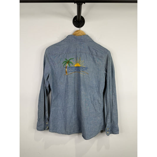 Vintage 1970s Levis Orange Tab Embroidered Chambray Shirt Size M