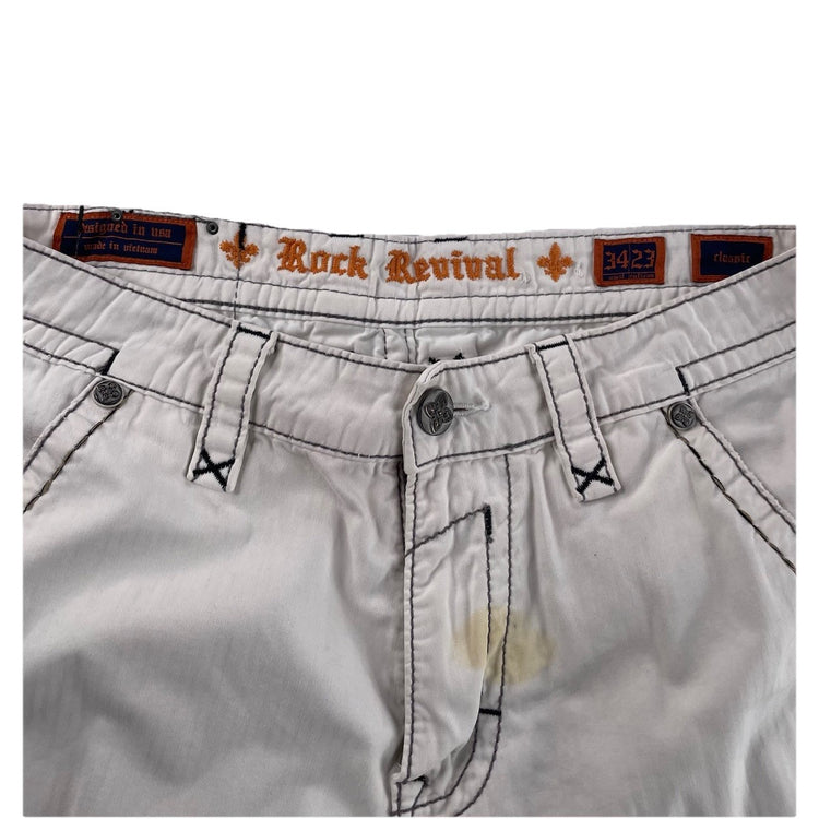 Men Rock Revival White Cargo Shorts Thivk Black Stitch Size 34