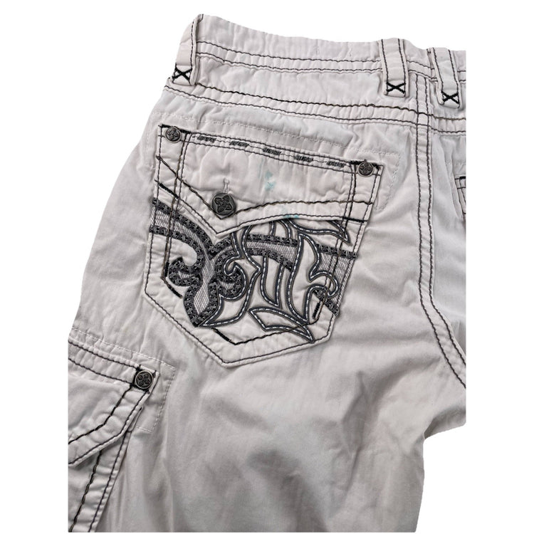 Men Rock Revival White Cargo Shorts Thivk Black Stitch Size 34