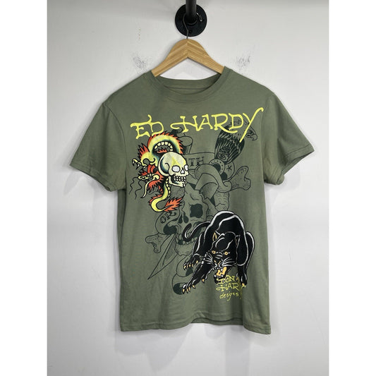 Ed Hardy Y2K Streetwear Dragon Panther Tattoo Short Sleeve Tee Olive Small