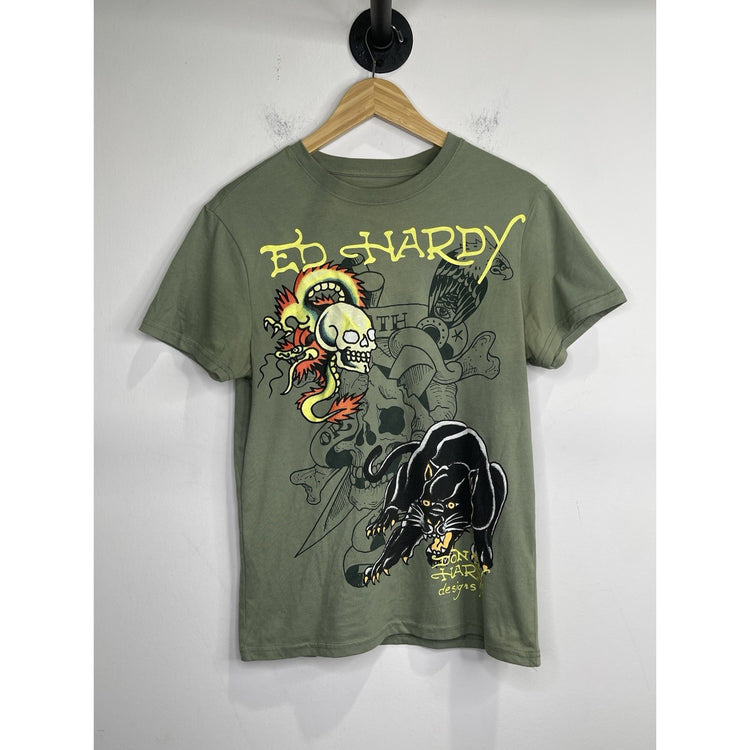 Ed Hardy Y2K Streetwear Dragon Panther Tattoo Short Sleeve Tee Olive Small